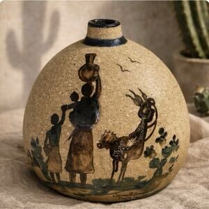 Vintage Tonala Mexico Pottery Vase Signed Carmela Zambrano Folk Art Deer Scene